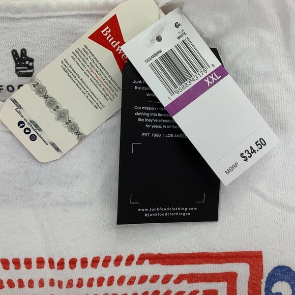 Junk Food Mens Budweiser Psyche Short Sleeve Crewneck T-Shirt White 2XL - Picture 2 of 4